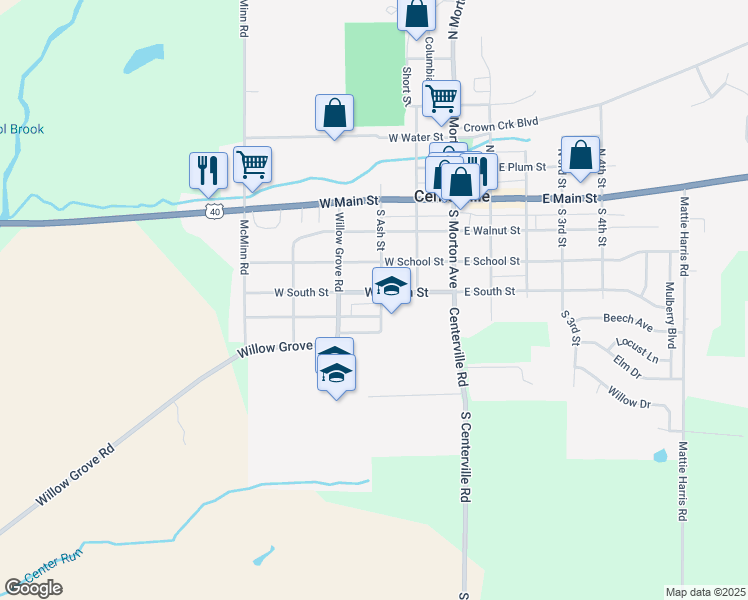 map of restaurants, bars, coffee shops, grocery stores, and more near 200 West South Street in Centerville