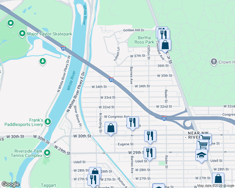 map of restaurants, bars, coffee shops, grocery stores, and more near 1302 West 33rd Street in Indianapolis