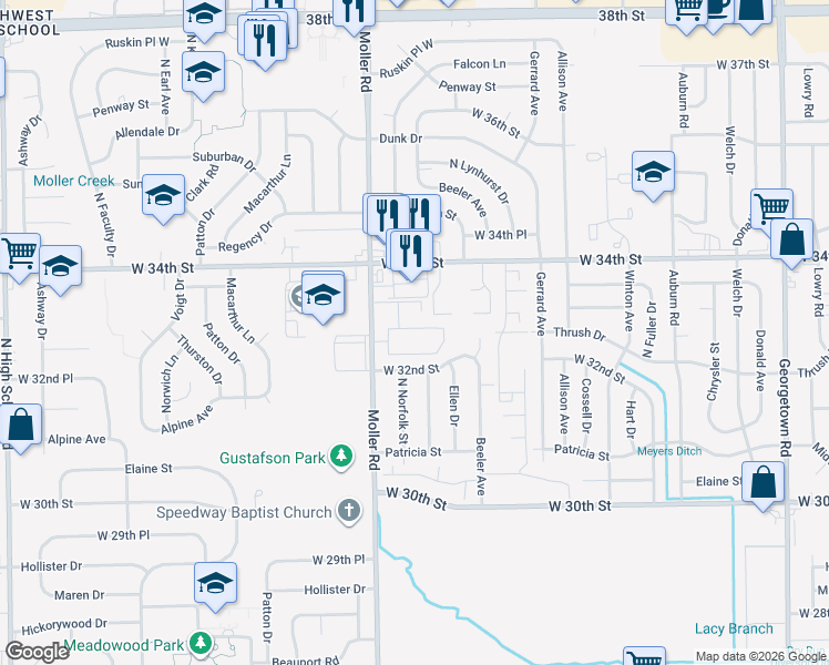 map of restaurants, bars, coffee shops, grocery stores, and more near 5345 Tara Court North in Indianapolis