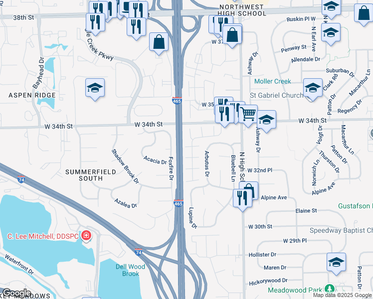 map of restaurants, bars, coffee shops, grocery stores, and more near 3314 Lupine Drive in Indianapolis