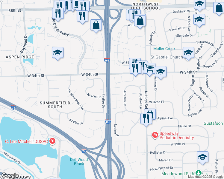 map of restaurants, bars, coffee shops, grocery stores, and more near 3314 Lupine Drive in Indianapolis
