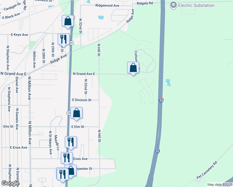 map of restaurants, bars, coffee shops, grocery stores, and more near 1106 North Hill Street in Springfield