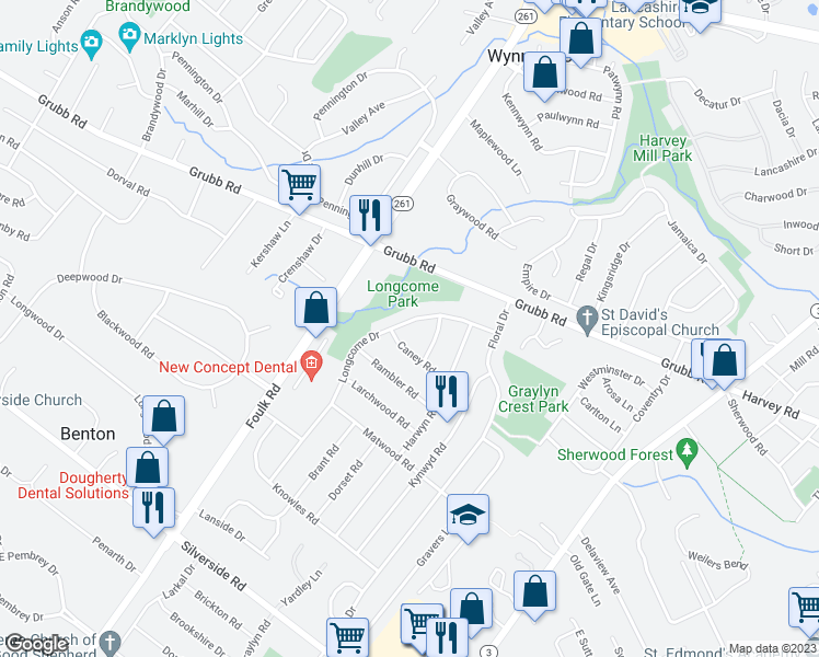 map of restaurants, bars, coffee shops, grocery stores, and more near 2020 Longcome Drive in Wilmington