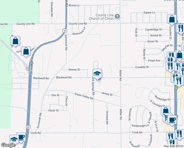 map of restaurants, bars, coffee shops, grocery stores, and more near 5406 Rock Springs Road in Saint Joseph