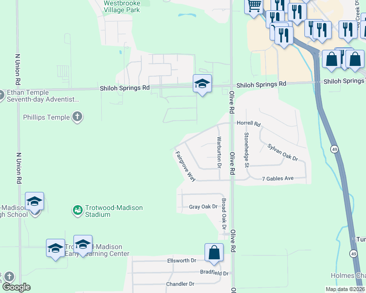 map of restaurants, bars, coffee shops, grocery stores, and more near 790 Horrell Road in Dayton