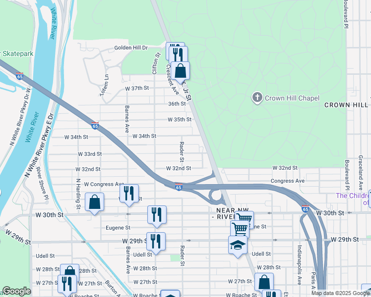 map of restaurants, bars, coffee shops, grocery stores, and more near 956 West 33rd Street in Indianapolis