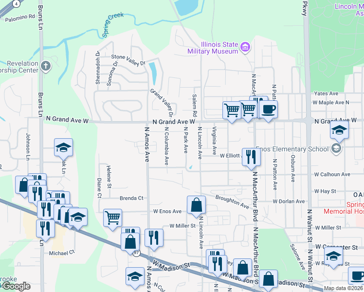 map of restaurants, bars, coffee shops, grocery stores, and more near 1105 North Park Avenue in Springfield