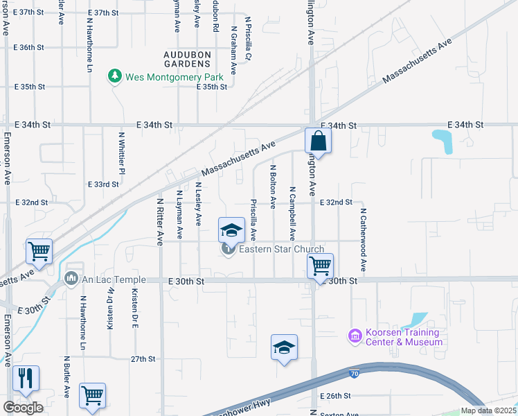 map of restaurants, bars, coffee shops, grocery stores, and more near 3128 Priscilla Avenue in Indianapolis