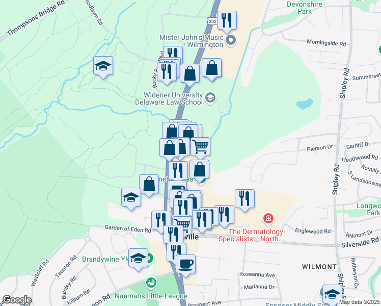 map of restaurants, bars, coffee shops, grocery stores, and more near 4411 Concord Pike in Wilmington