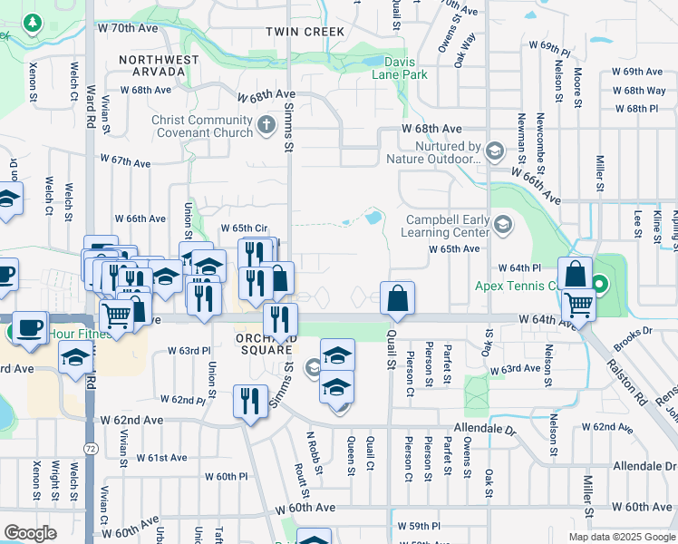 map of restaurants, bars, coffee shops, grocery stores, and more near 6454 Simms Street in Arvada
