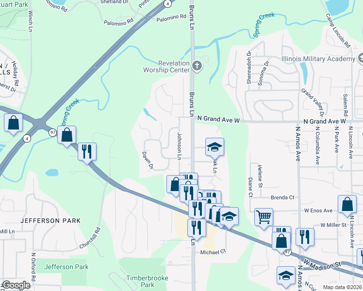 map of restaurants, bars, coffee shops, grocery stores, and more near 1020 Johnson Lane in Springfield