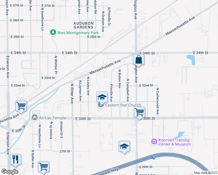map of restaurants, bars, coffee shops, grocery stores, and more near 3128 Priscilla Avenue in Indianapolis