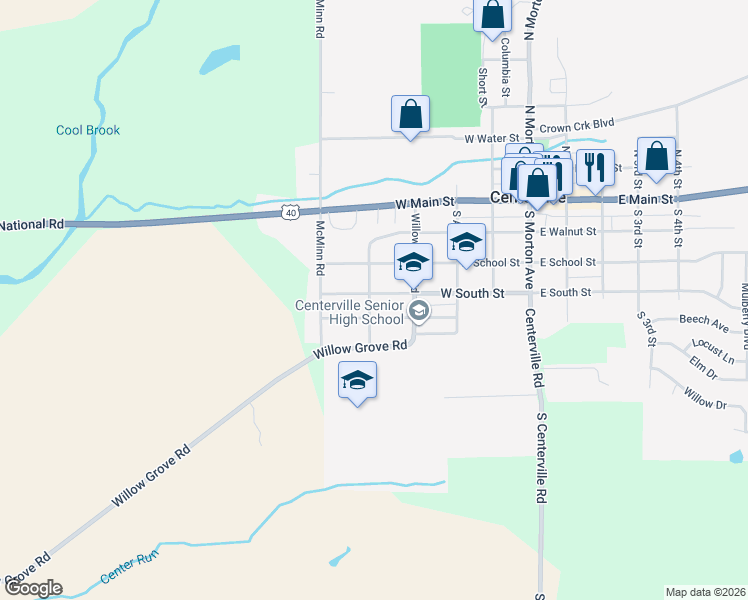 map of restaurants, bars, coffee shops, grocery stores, and more near 501 West South Street in Centerville