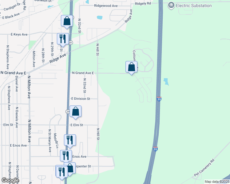 map of restaurants, bars, coffee shops, grocery stores, and more near 1106 North Hill Street in Springfield