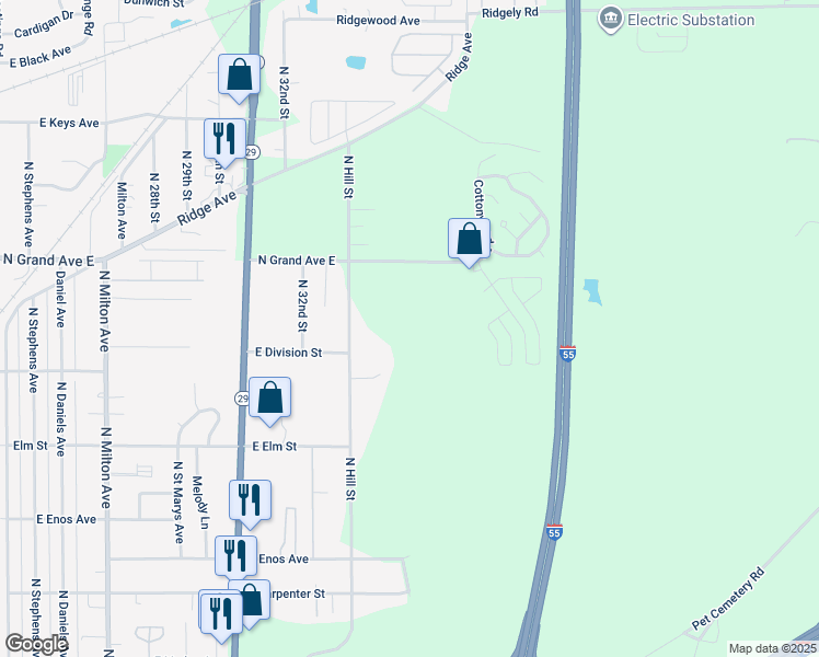 map of restaurants, bars, coffee shops, grocery stores, and more near 1106 North Hill Street in Springfield
