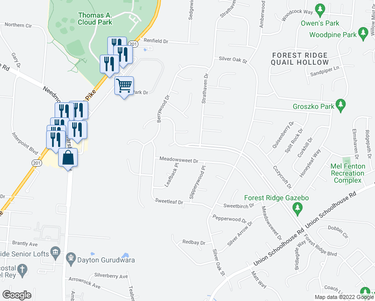 map of restaurants, bars, coffee shops, grocery stores, and more near 4212 Forest Ridge Boulevard in Dayton