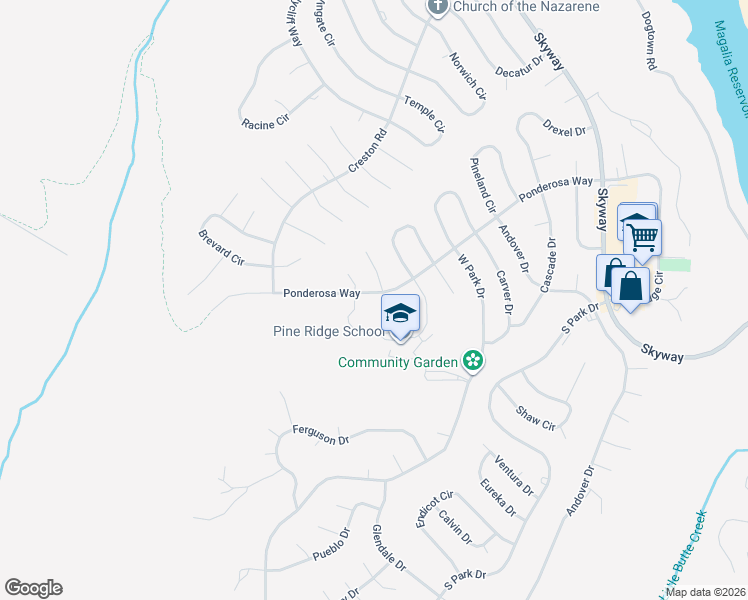 map of restaurants, bars, coffee shops, grocery stores, and more near 6298 Ponderosa Way in Magalia