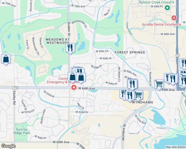 map of restaurants, bars, coffee shops, grocery stores, and more near 16045 West 64th Way in Arvada