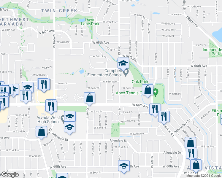 map of restaurants, bars, coffee shops, grocery stores, and more near 6463 Owens Street in Arvada
