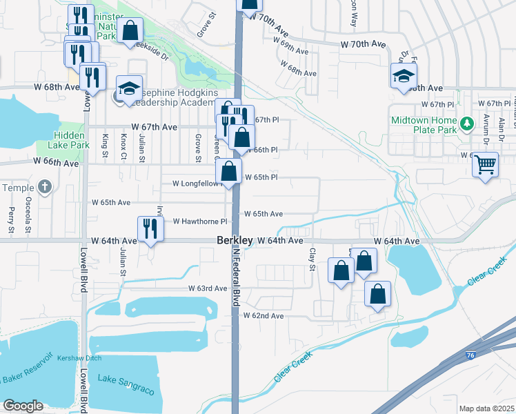 map of restaurants, bars, coffee shops, grocery stores, and more near 2901 West 65th Avenue in Denver