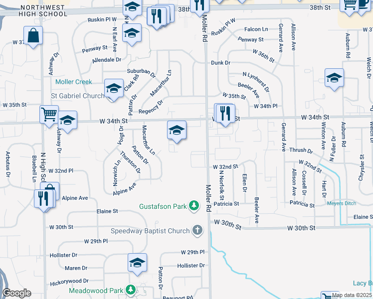 map of restaurants, bars, coffee shops, grocery stores, and more near 5525 West 34th Street in Indianapolis