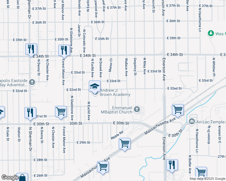 map of restaurants, bars, coffee shops, grocery stores, and more near 4711 East 32nd Street in Indianapolis