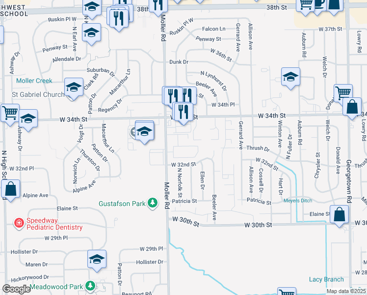 map of restaurants, bars, coffee shops, grocery stores, and more near 5345 Tara Court North in Indianapolis