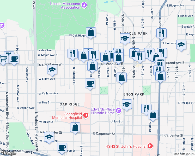 map of restaurants, bars, coffee shops, grocery stores, and more near 1119 North 2nd Street in Springfield