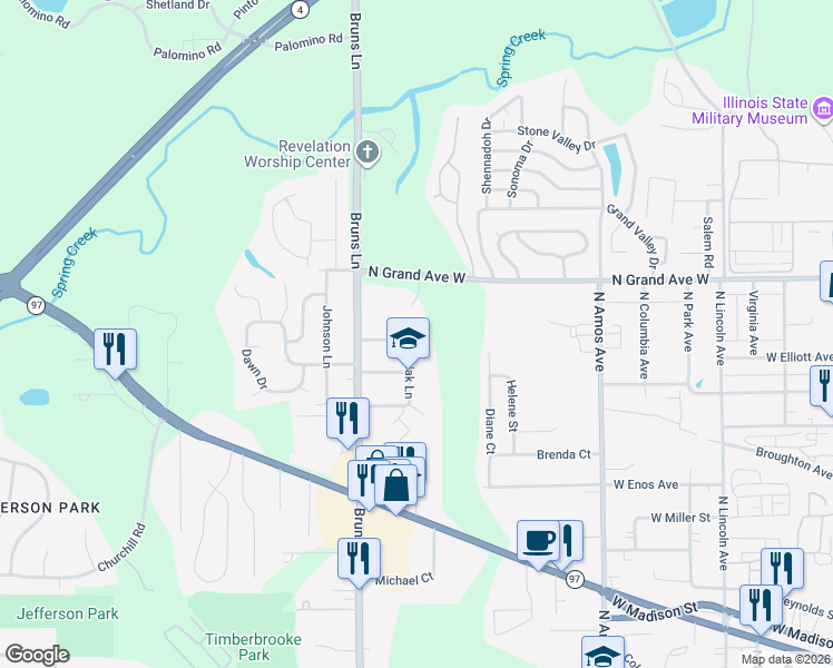map of restaurants, bars, coffee shops, grocery stores, and more near 30 Babiak Lane in Springfield