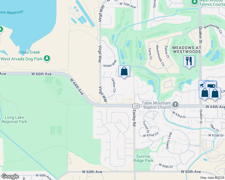 map of restaurants, bars, coffee shops, grocery stores, and more near 6483 Umber Cir in Arvada