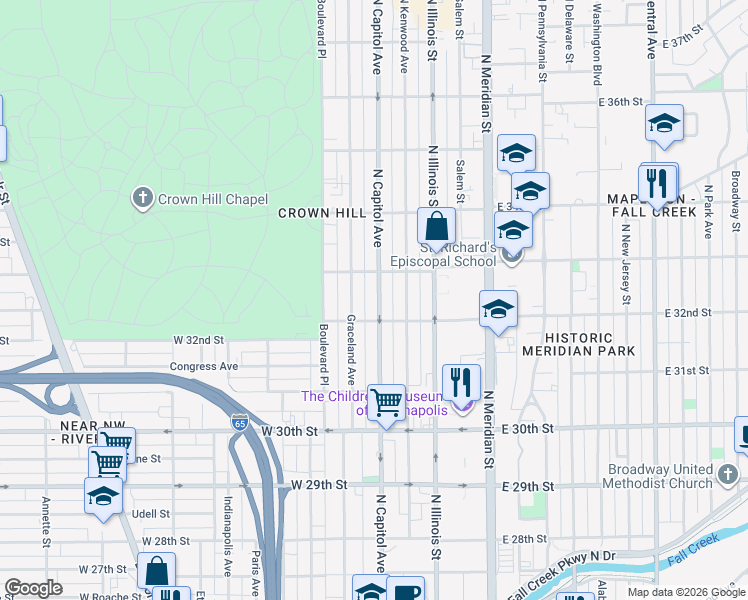 map of restaurants, bars, coffee shops, grocery stores, and more near 3224 North Capitol Avenue in Indianapolis
