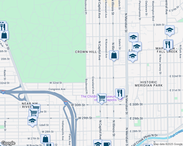 map of restaurants, bars, coffee shops, grocery stores, and more near 3224 Graceland Avenue in Indianapolis