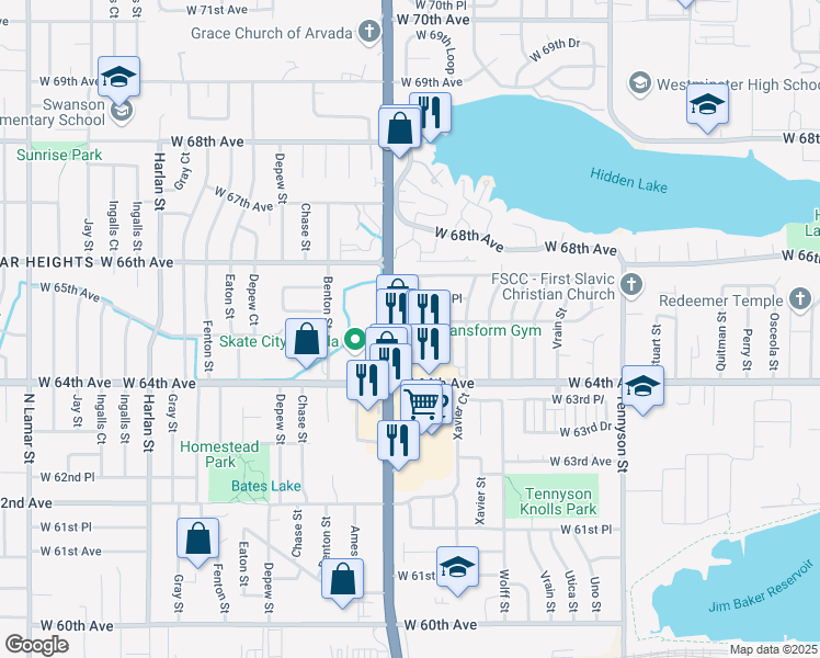 map of restaurants, bars, coffee shops, grocery stores, and more near 5084 W 65th Ave in Arvada