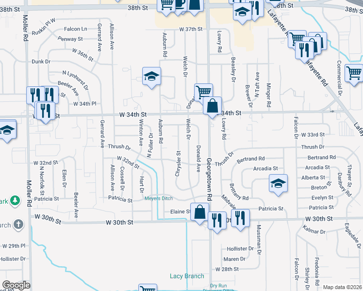 map of restaurants, bars, coffee shops, grocery stores, and more near 3233 Chrysler Street in Indianapolis