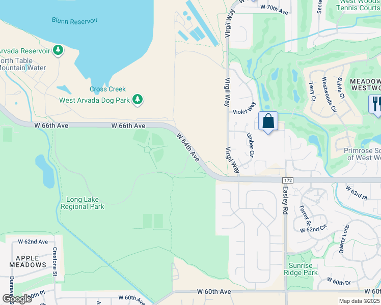 map of restaurants, bars, coffee shops, grocery stores, and more near 17850 West 64th Avenue in Arvada