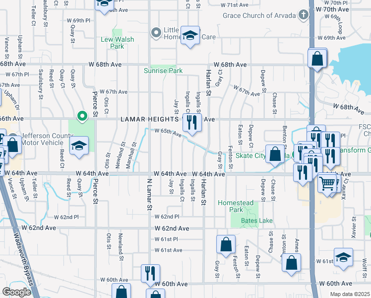 map of restaurants, bars, coffee shops, grocery stores, and more near 6478 Ingalls Court in Arvada