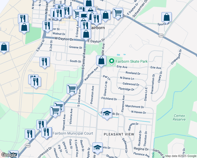 map of restaurants, bars, coffee shops, grocery stores, and more near 701 South Maple Avenue in Fairborn