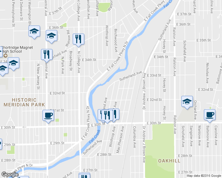 map of restaurants, bars, coffee shops, grocery stores, and more near 3241 Sutherland Avenue in Indianapolis