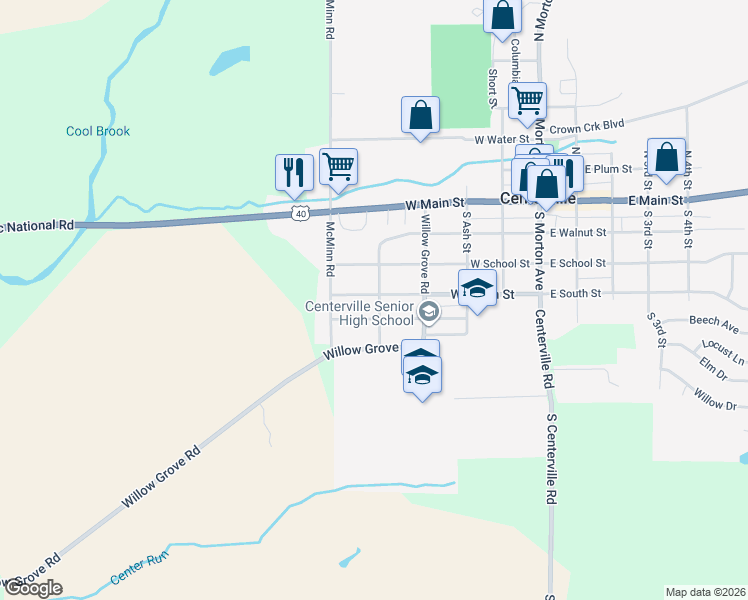 map of restaurants, bars, coffee shops, grocery stores, and more near 501 West South Street in Centerville
