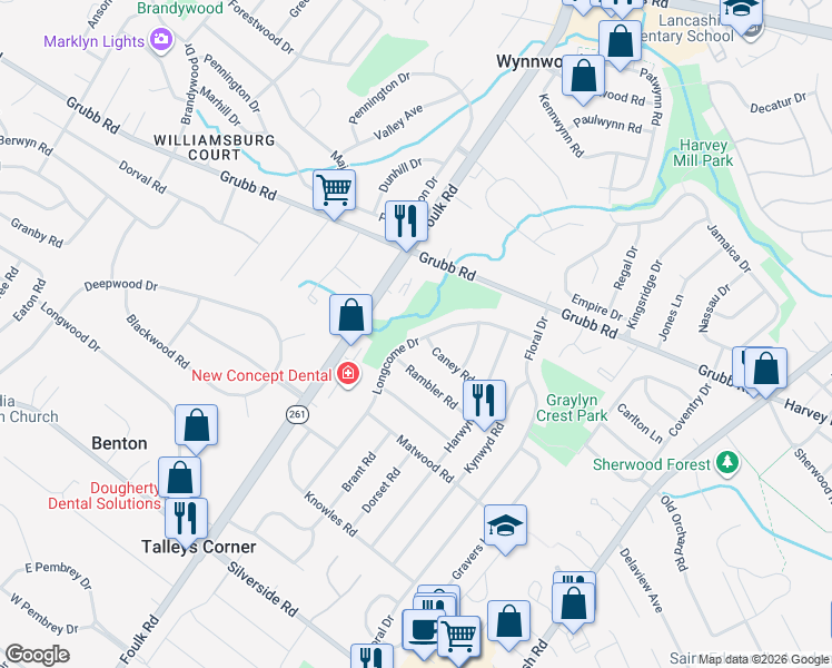 map of restaurants, bars, coffee shops, grocery stores, and more near 2015 Longcome Drive in Wilmington