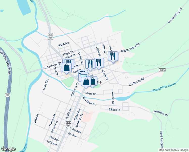 map of restaurants, bars, coffee shops, grocery stores, and more near 326 Clay Street in Meyersdale