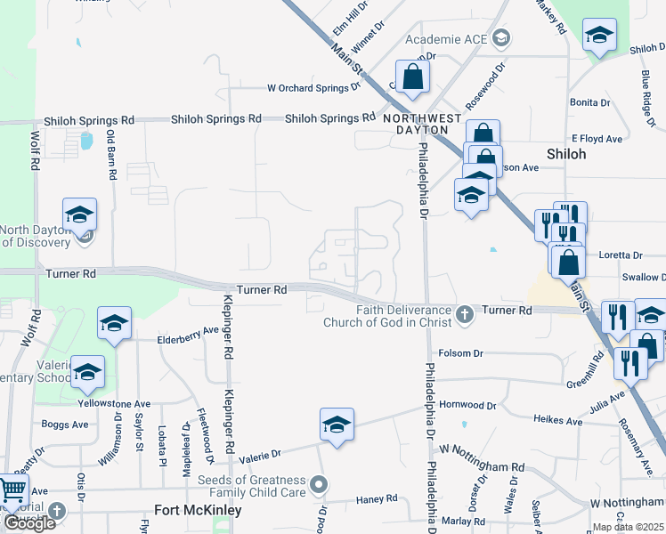 map of restaurants, bars, coffee shops, grocery stores, and more near 4717 Shaunee Creek Drive in Dayton