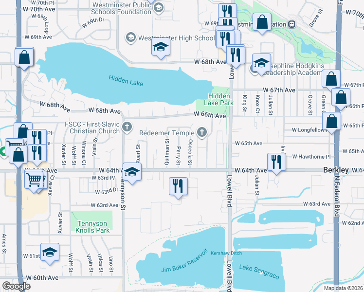 map of restaurants, bars, coffee shops, grocery stores, and more near 6472 Perry Street in Arvada