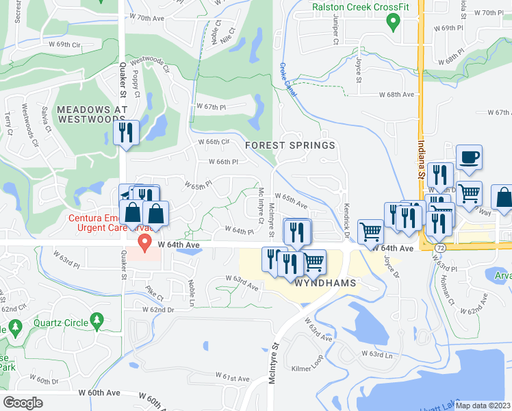 map of restaurants, bars, coffee shops, grocery stores, and more near 6491 Mc Intyre Court in Arvada