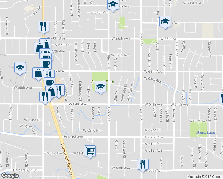map of restaurants, bars, coffee shops, grocery stores, and more near 6470 Pierce Street in Arvada