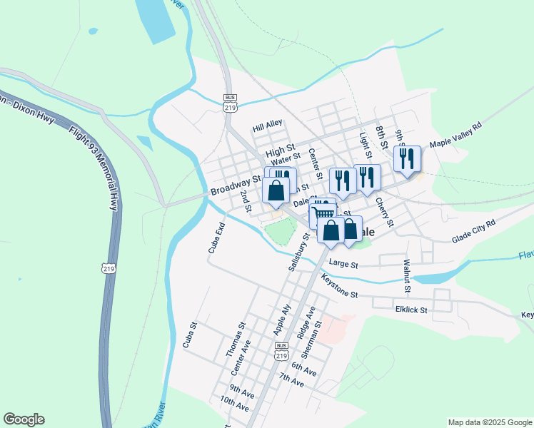 map of restaurants, bars, coffee shops, grocery stores, and more near 136 Dale Street in Meyersdale