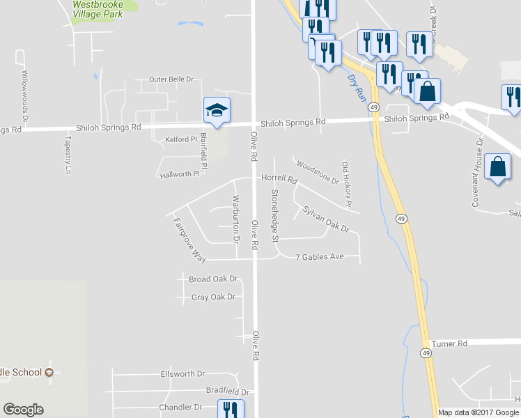 map of restaurants, bars, coffee shops, grocery stores, and more near 4700 Olive Road in Trotwood
