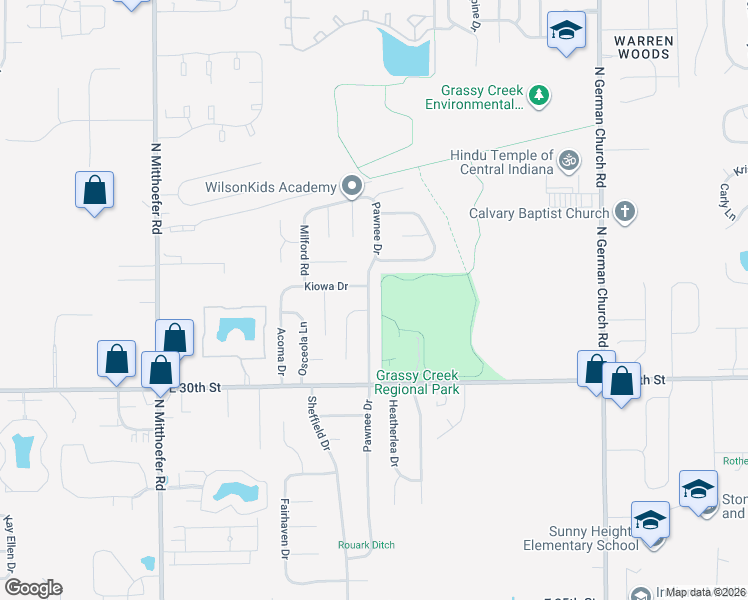 map of restaurants, bars, coffee shops, grocery stores, and more near 3123 Pawnee Drive in Indianapolis