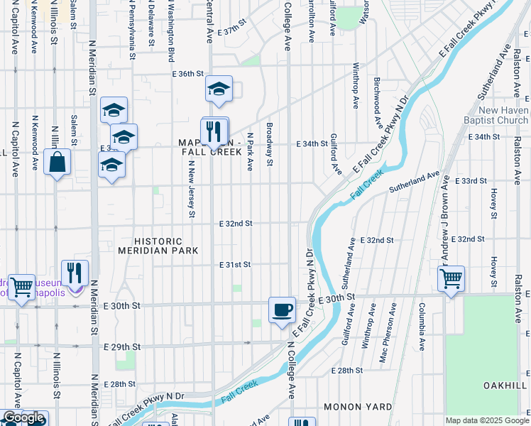 map of restaurants, bars, coffee shops, grocery stores, and more near 3216 Broadway Street in Indianapolis