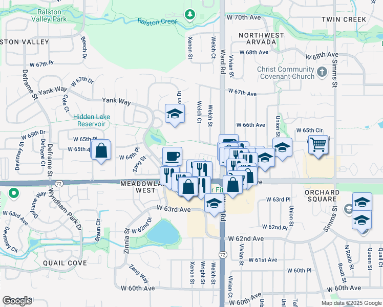 map of restaurants, bars, coffee shops, grocery stores, and more near 12825 West 65th Way in Arvada